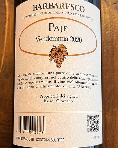 Barbaresco Paje' Riserva 2020